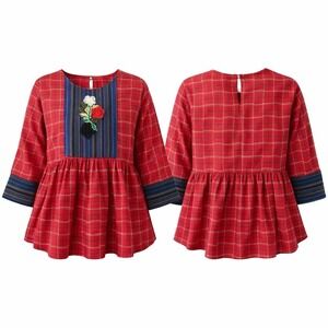 Hayden Girls NWT Flower Embroidered Plaid Top Sz 13/14 Red Cotton Bell Sleeves
